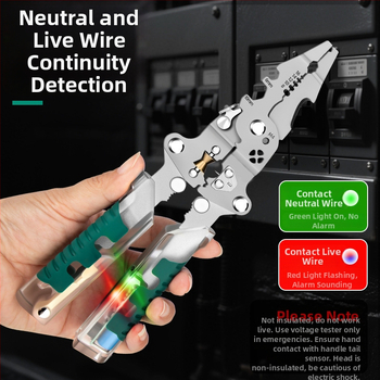 Skladaný elektrikársky viacúčelový nástroj: tester napätia, skrutkovač, kliešte na odizolovanie a navíjanie káblov