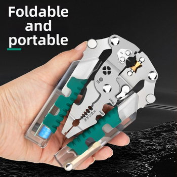 Skladaný elektrikársky viacúčelový nástroj: tester napätia, skrutkovač, kliešte na odizolovanie a navíjanie káblov