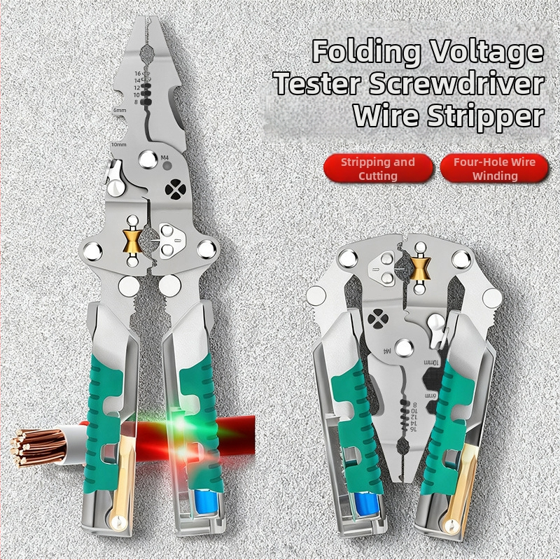 Skladaný elektrikársky viacúčelový nástroj: tester napätia, skrutkovač, kliešte na odizolovanie a navíjanie káblov