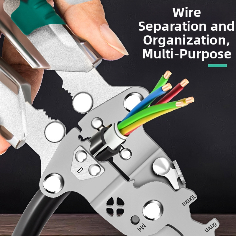 Skladaný elektrikársky viacúčelový nástroj: tester napätia, skrutkovač, kliešte na odizolovanie a navíjanie káblov