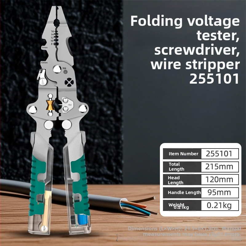 Skladaný elektrikársky viacúčelový nástroj: tester napätia, skrutkovač, kliešte na odizolovanie a navíjanie káblov
