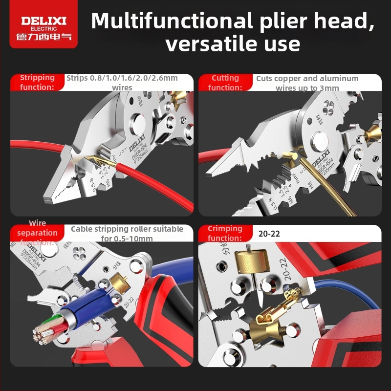 Delixi Electric Zložený odizolovač káblov s funkciou testovania napätia – domáci nástroj na strihanie, navíjanie a krimpovanie káblov | Hmotnosť 0.21 kg