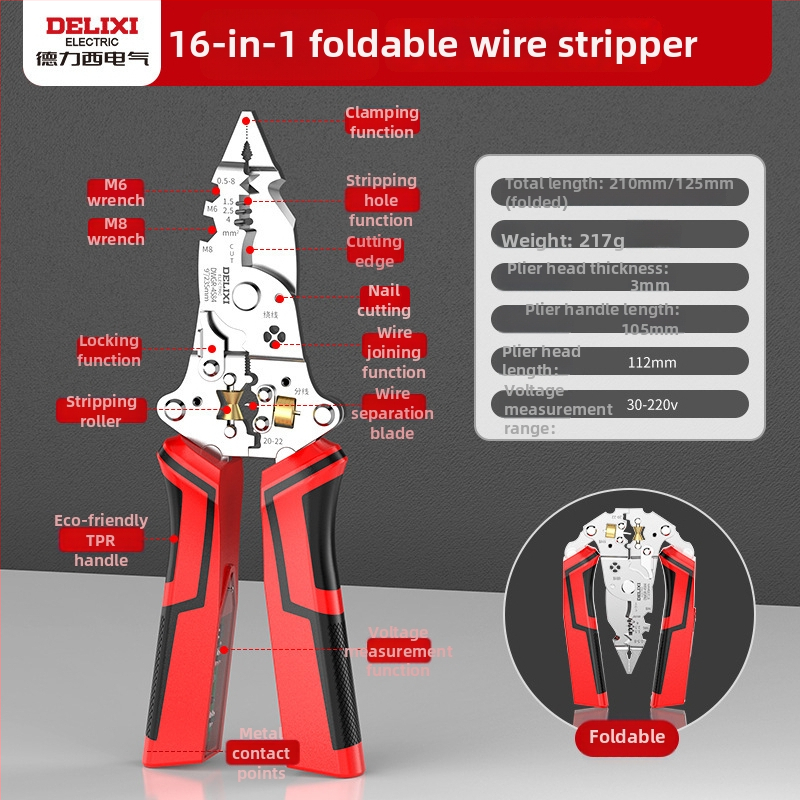 Delixi Electric Zložený odizolovač káblov s funkciou testovania napätia – domáci nástroj na strihanie, navíjanie a krimpovanie káblov | Hmotnosť 0.21 kg