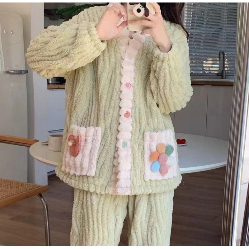 Ženski topli set pidžama od koralnog flisa s kardiganom, Jacquard cvjetni uzorak, za jesen i zimu, pogodan za nošenje izvan kuće