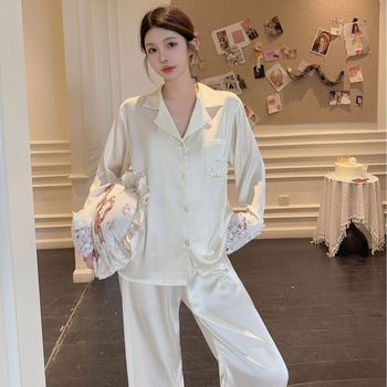 Ženski pijama set od ledenog svile s čipkom i satinom, dugi rukavi, dugi hlače, ovratnik tip lapel, 95–100% poliester, tanak materijal, proljeće/ljeto/jesen