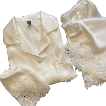 Ženski pijama set od ledenog svile s čipkom i satinom, dugi rukavi, dugi hlače, ovratnik tip lapel, 95–100% poliester, tanak materijal, proljeće/ljeto/jesen