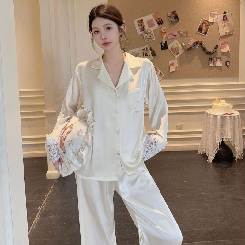 Ženski pijama set od ledenog svile s čipkom i satinom, dugi rukavi, dugi hlače, ovratnik tip lapel, 95–100% poliester, tanak materijal, proljeće/ljeto/jesen