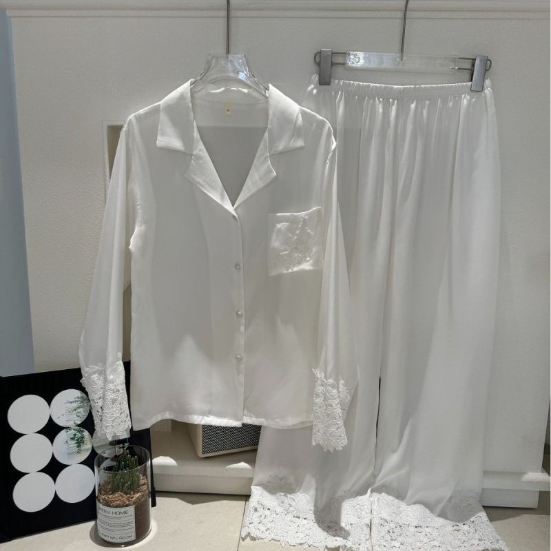 Ženski pijama set od ledenog svile s čipkom i satinom, dugi rukavi, dugi hlače, ovratnik tip lapel, 95–100% poliester, tanak materijal, proljeće/ljeto/jesen