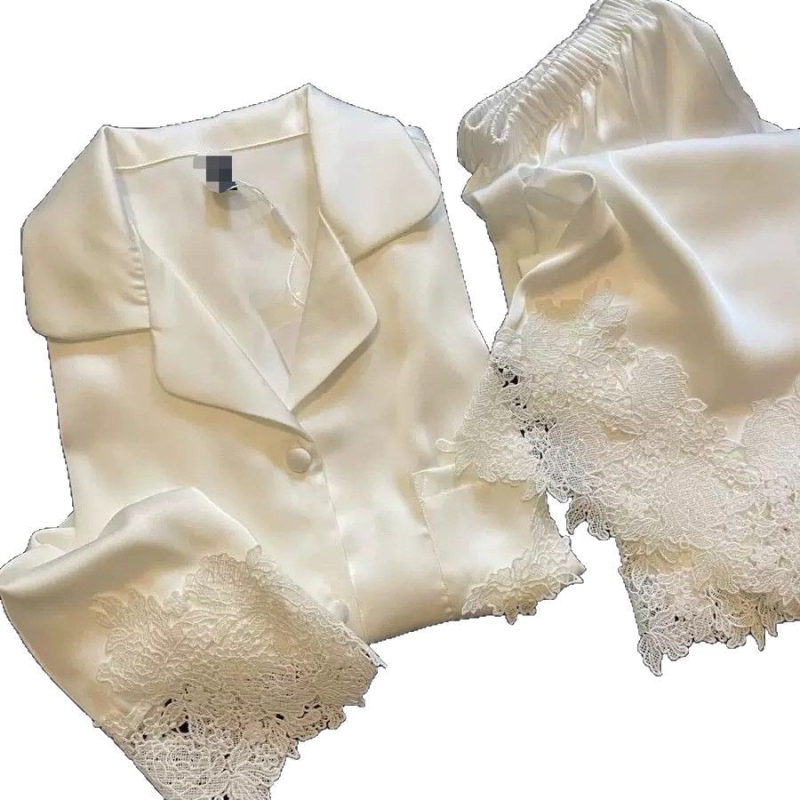 Ženski pijama set od ledenog svile s čipkom i satinom, dugi rukavi, dugi hlače, ovratnik tip lapel, 95–100% poliester, tanak materijal, proljeće/ljeto/jesen