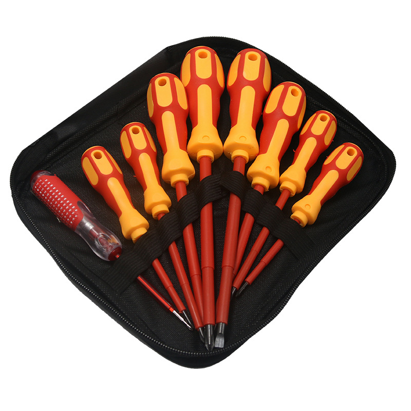 MYJ 9-частен комплект изолирани отверки в платнена чанта за електротехници — магнитни върхове, хром ванадий стомана, устойчив на високо напрежение, тестер за напрежение