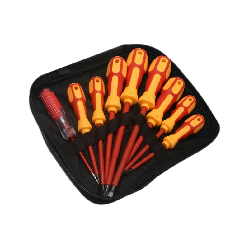 MYJ 9-частен комплект изолирани отверки в платнена чанта за електротехници — магнитни върхове, хром ванадий стомана, устойчив на високо напрежение, тестер за напрежение