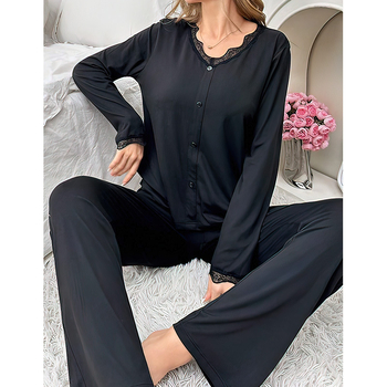 Ženski set pidžama — milk silk pleteni materijal s čipkom, V-izrez, dugi rukav, hlače, opušteni stil