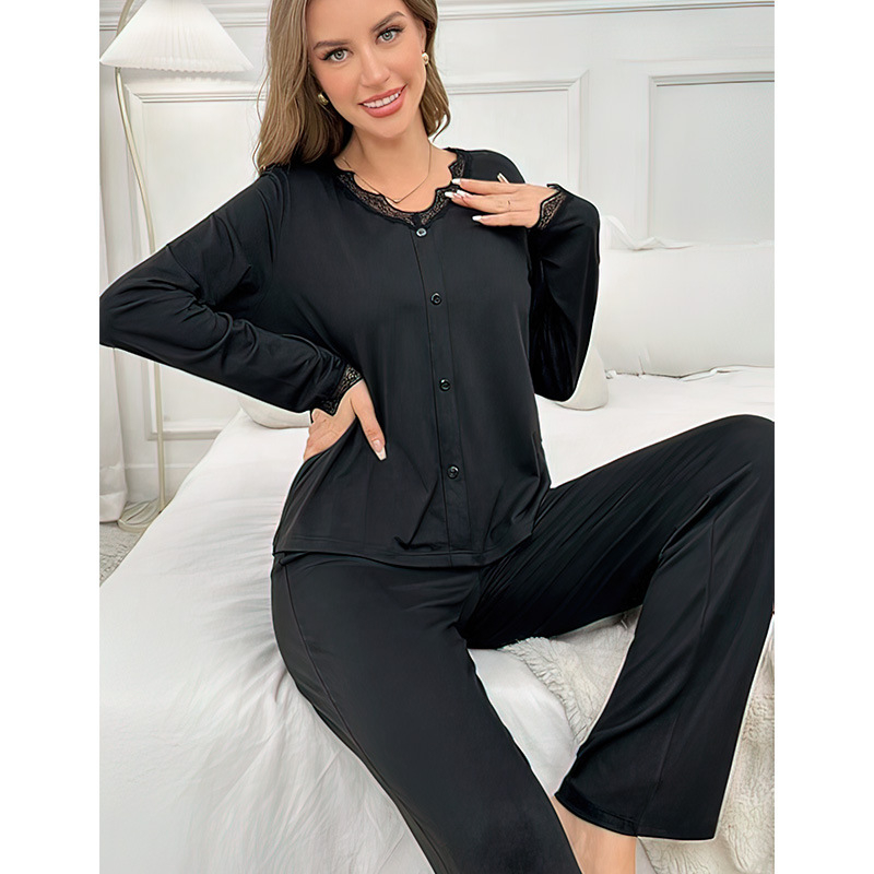 Ženski set pidžama — milk silk pleteni materijal s čipkom, V-izrez, dugi rukav, hlače, opušteni stil