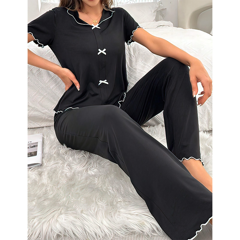 Ženski set pidžama — milk silk pleteni materijal s čipkom, V-izrez, dugi rukav, hlače, opušteni stil