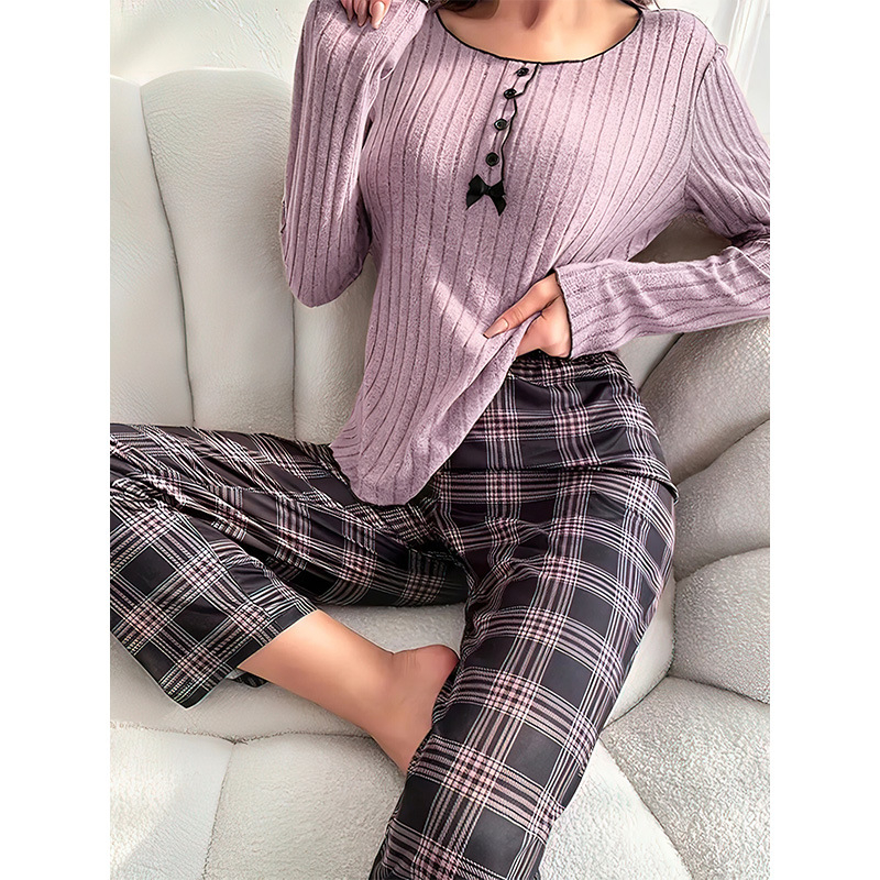 Ženski set pidžama — milk silk pleteni materijal s čipkom, V-izrez, dugi rukav, hlače, opušteni stil