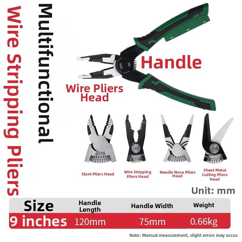 Clește pentru cabluri cu capete interschimbabile 6 în 1 pentru electricieni — clește cu capete multiple, dezizolator de cabluri, foarfă pentru tablă