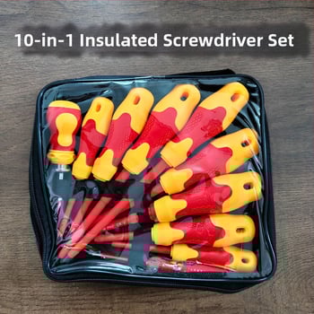 Set de 10-în-1 bituri magnetice pentru șurubelnițe, capete încrucișate și drepte, mâner izolat, oțel CR-V, greutate 0.850