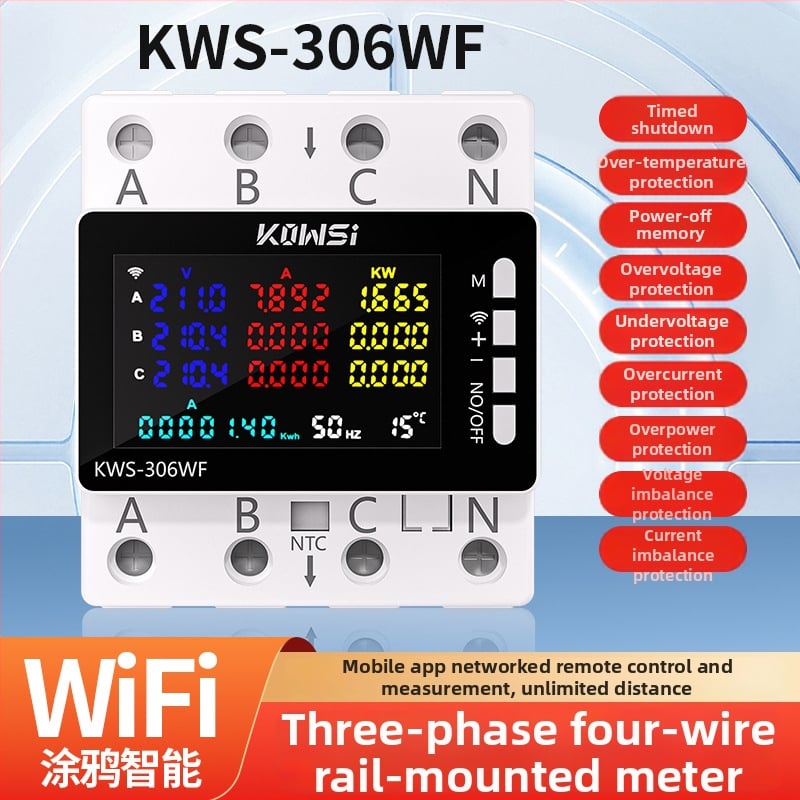 KOWSI Háromfázisú négyvezetékes DIN-sín mérő WiFi-vel (Tuya) és túl-/alacsony feszültség védelem, fáziskiesés védelem