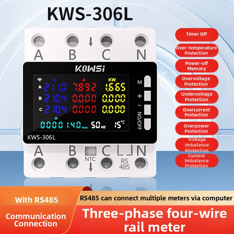 KOWSI Háromfázisú négyvezetékes DIN-sín mérő WiFi-vel (Tuya) és túl-/alacsony feszültség védelem, fáziskiesés védelem