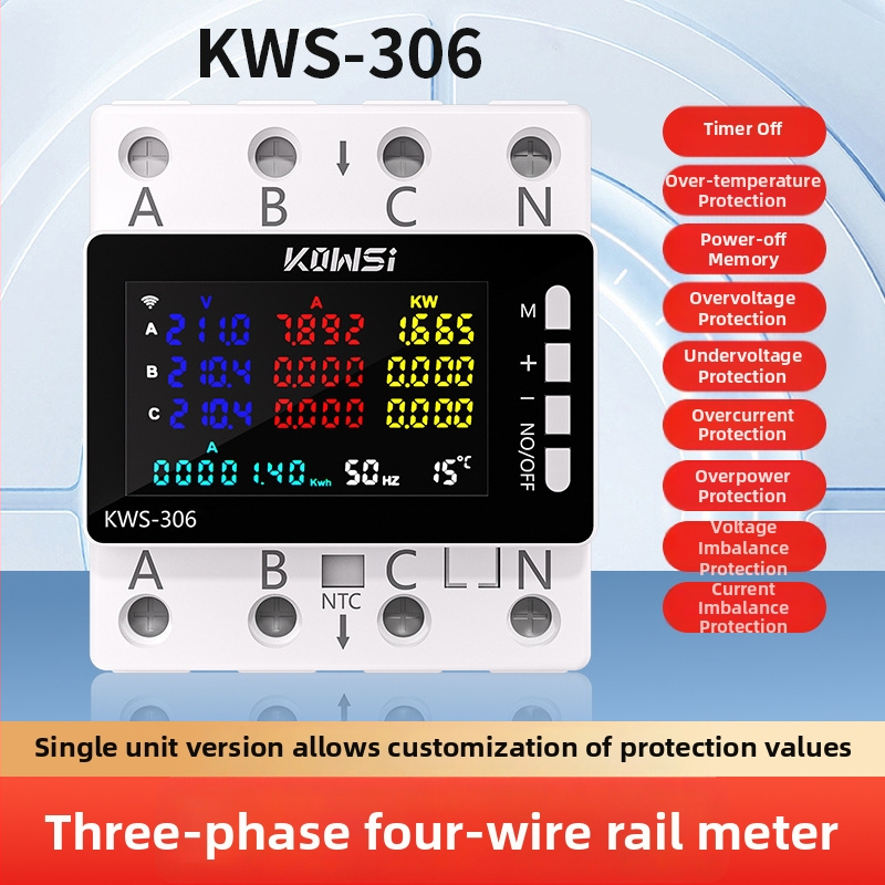 KOWSI Háromfázisú négyvezetékes DIN-sín mérő WiFi-vel (Tuya) és túl-/alacsony feszültség védelem, fáziskiesés védelem