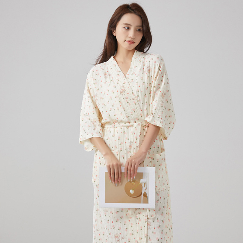 Ρόμπα από 100% βαμβάκι, διπλό στρώμα γάζας, καλοκαιρινή και ελαφριά, φιλική προς το δέρμα και απορροφητική, για οικιακή χρήση