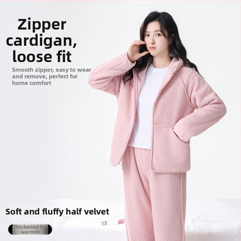 Ženski pidžama set s kapuljačom od coral fleece, debeo i topao za jesen i zimu