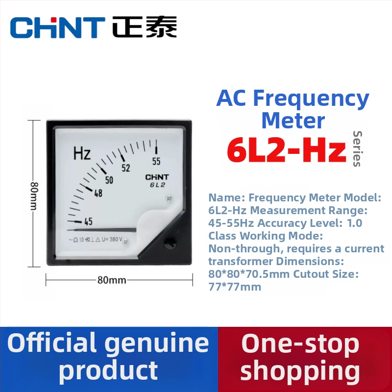 Chint ručičkový frekvenčný meter, panelovo montovaný, model 6L2-HZ, 55–65 Hz, 220/380 V, mechanický elektrický meter