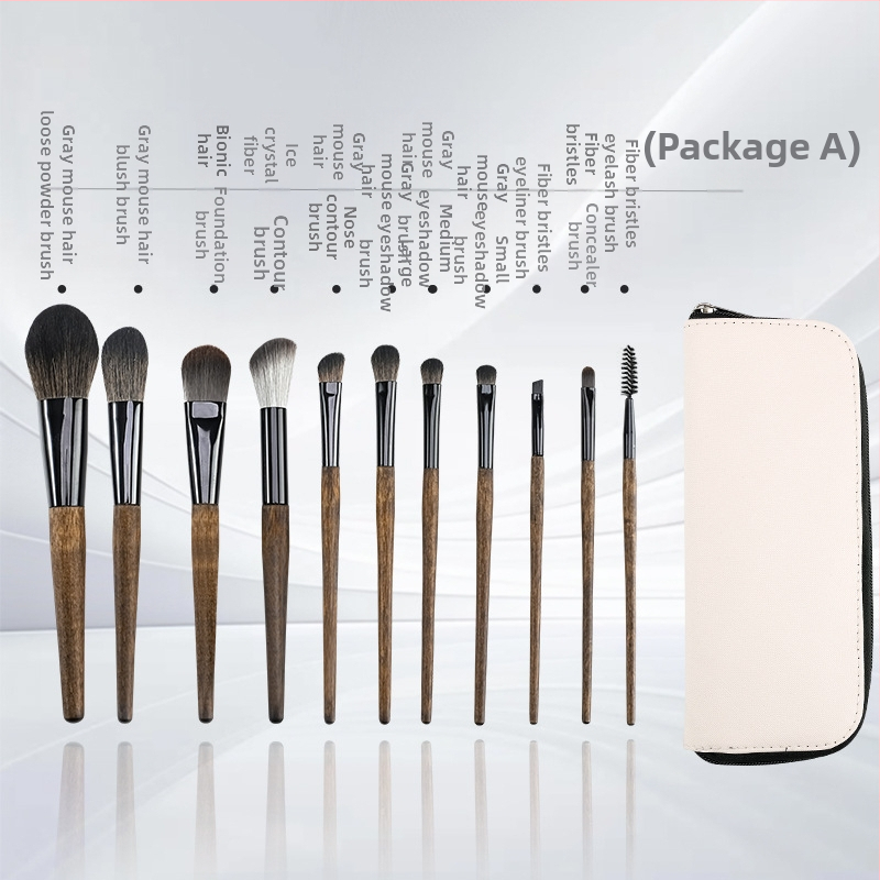 11-djelni set četkica za šminku s miješanom dlakom (umjetna vlakna i dlaka veverice), drvene drške, ukupna duljina 18 cm