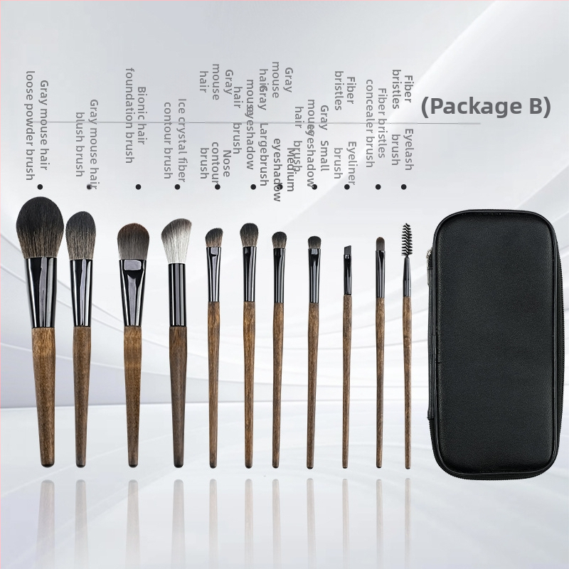 11-djelni set četkica za šminku s miješanom dlakom (umjetna vlakna i dlaka veverice), drvene drške, ukupna duljina 18 cm