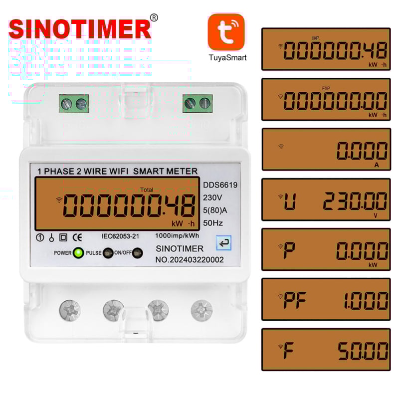 Contor de energie WiFi monofazat cu vizualizare la distanță prin aplicație, 220V, 100A, măsoară tensiunea, curentul, puterea, factorul de putere și frecvența