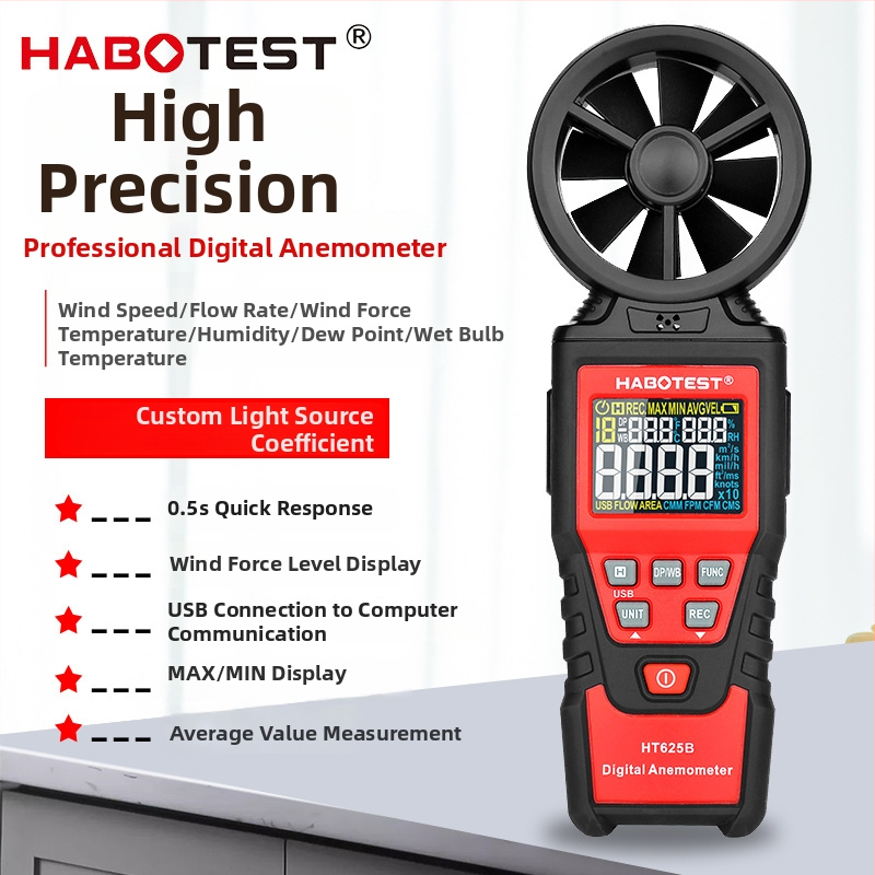 Ručný anemometer HABOTEST HT625A/B, digitálny tester objemu vzduchu, vysokopresné meranie rýchlosti vetra, teploty a vlhkosti