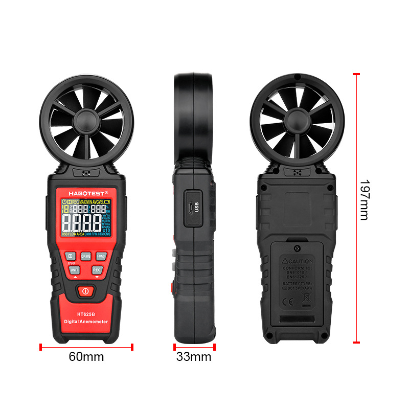HABOTEST HT625A/B kézi anemométer, digitális légáramlás-tesztelő, nagy pontosságú szélsebesség, hőmérséklet és páratartalom mérő