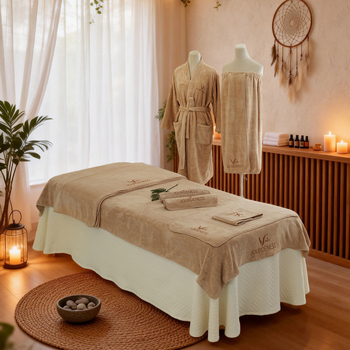 Muchai SPA szépségápolási öt részes készlet: nedvszívó velúr törölköző, testbevonó kendő, lepedő, fejkendő és bőrápolási készlet; anyag: poliészter rost; modern, minimalist stílus; reaktív nyomtatás és festés; logóval testreszabható; melegen tart