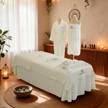 Muchai SPA szépségápolási öt részes készlet: nedvszívó velúr törölköző, testbevonó kendő, lepedő, fejkendő és bőrápolási készlet; anyag: poliészter rost; modern, minimalist stílus; reaktív nyomtatás és festés; logóval testreszabható; melegen tart