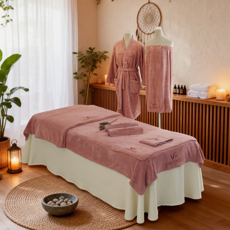 Muchai SPA szépségápolási öt részes készlet: nedvszívó velúr törölköző, testbevonó kendő, lepedő, fejkendő és bőrápolási készlet; anyag: poliészter rost; modern, minimalist stílus; reaktív nyomtatás és festés; logóval testreszabható; melegen tart