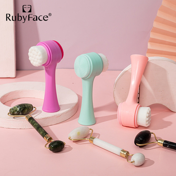 RUBYFACE Természetes jade arcăpoló ecset és roller masszírozó készlet