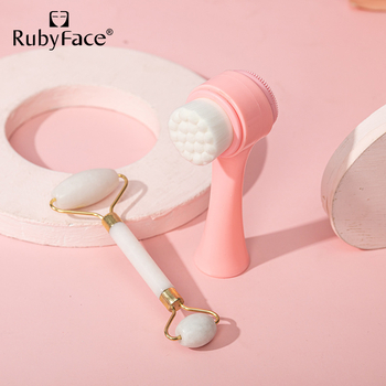 RUBYFACE Természetes jade arcăpoló ecset és roller masszírozó készlet