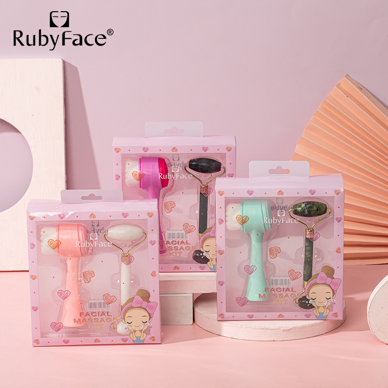RUBYFACE Természetes jade arcăpoló ecset és roller masszírozó készlet
