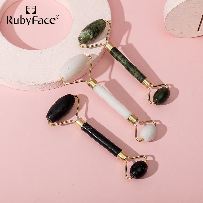 RUBYFACE Természetes jade arcăpoló ecset és roller masszírozó készlet