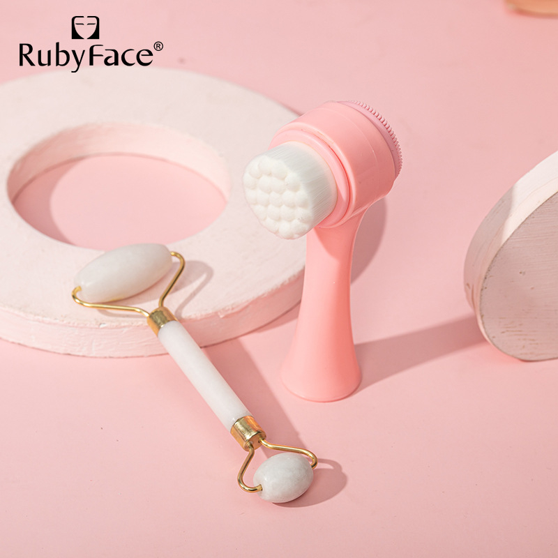 RUBYFACE Természetes jade arcăpoló ecset és roller masszírozó készlet