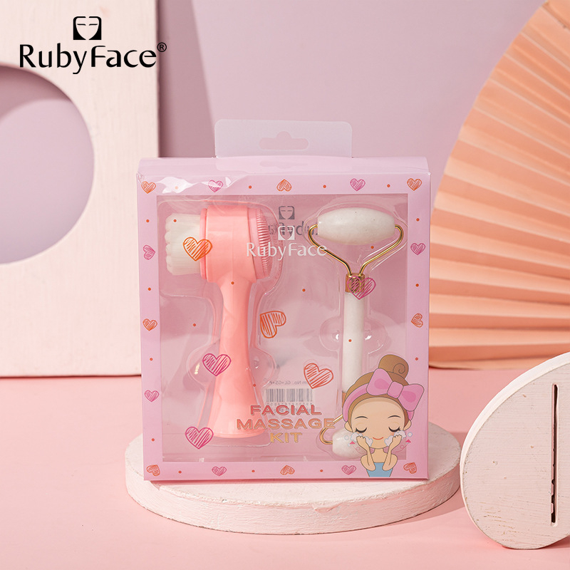 RUBYFACE Természetes jade arcăpoló ecset és roller masszírozó készlet