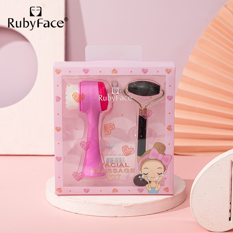 RUBYFACE Természetes jade arcăpoló ecset és roller masszírozó készlet