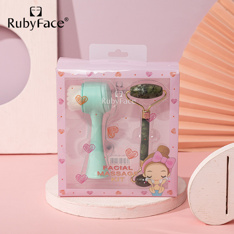 RUBYFACE Természetes jade arcăpoló ecset és roller masszírozó készlet