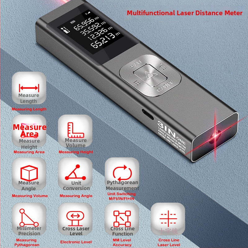 Laserový merač vzdialenosti - tri v jednom, projekcia krížovej laserovej čiary, kovový kryt
