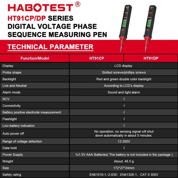 Habotest HT91CP/DP digitalni AC tester napona s digitalnim zaslonom, detekcija neutralnog/živog vodiča, test kontinuiteta, LED svjetlo