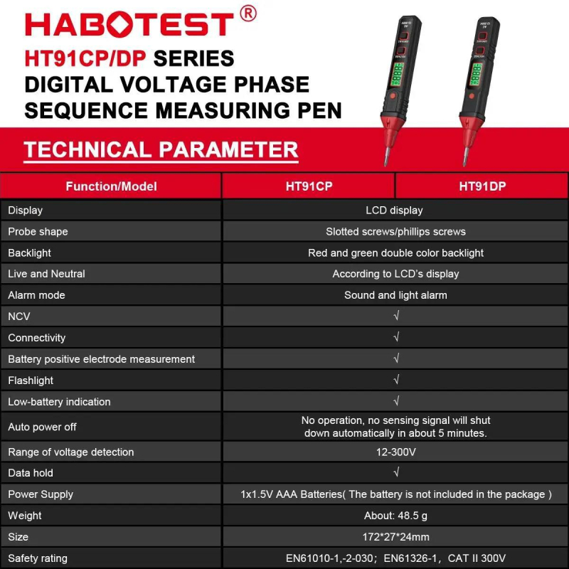 Habotest HT91CP/DP digitalni AC tester napona s digitalnim zaslonom, detekcija neutralnog/živog vodiča, test kontinuiteta, LED svjetlo