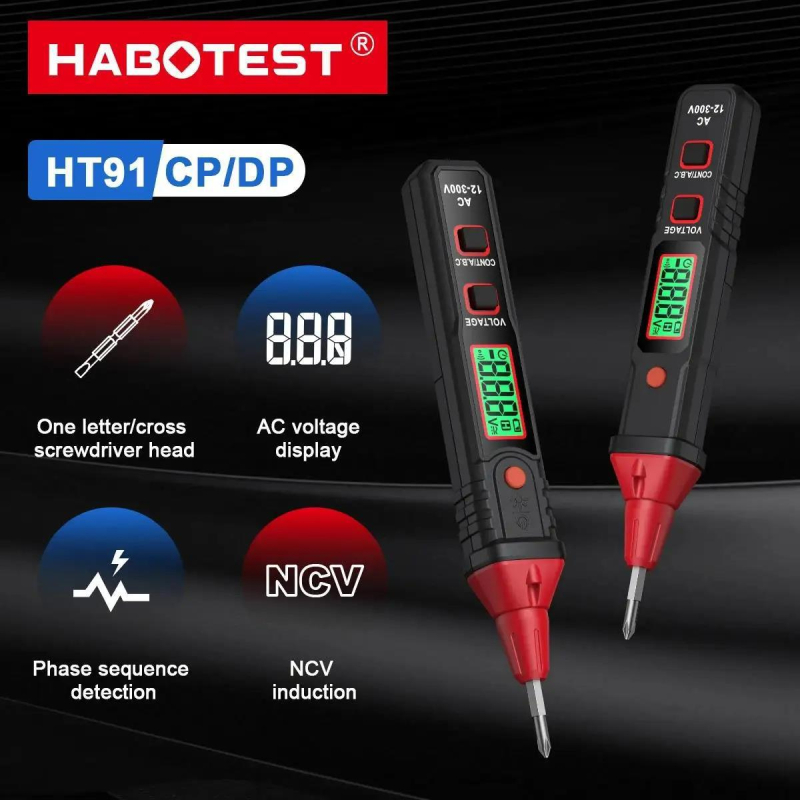 Habotest HT91CP/DP digitalni AC tester napona s digitalnim zaslonom, detekcija neutralnog/živog vodiča, test kontinuiteta, LED svjetlo