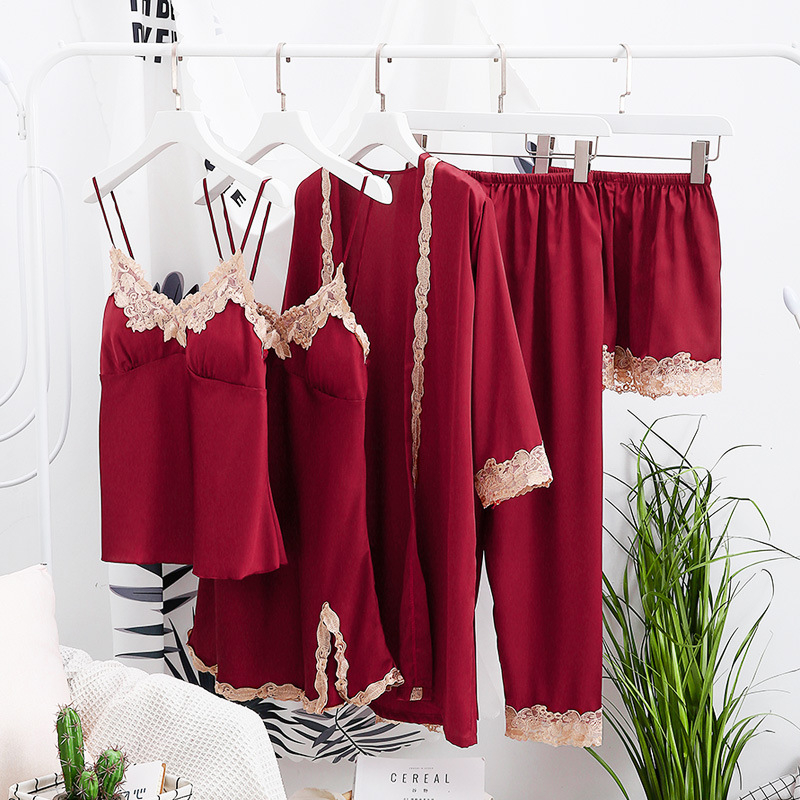 Pajamski set Ice Silk, pet dijelova, dugi rukavi, bez ovratnika, seksi stil