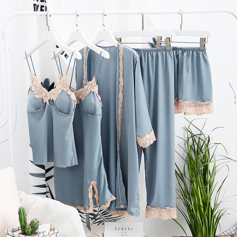 Pajamski set Ice Silk, pet dijelova, dugi rukavi, bez ovratnika, seksi stil