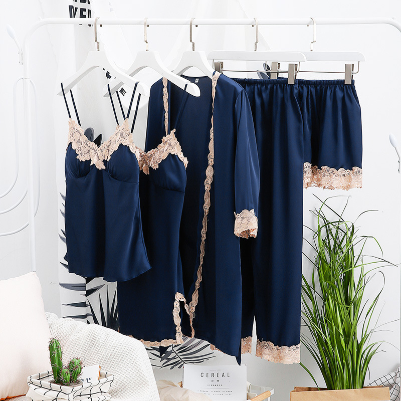 Pajamski set Ice Silk, pet dijelova, dugi rukavi, bez ovratnika, seksi stil